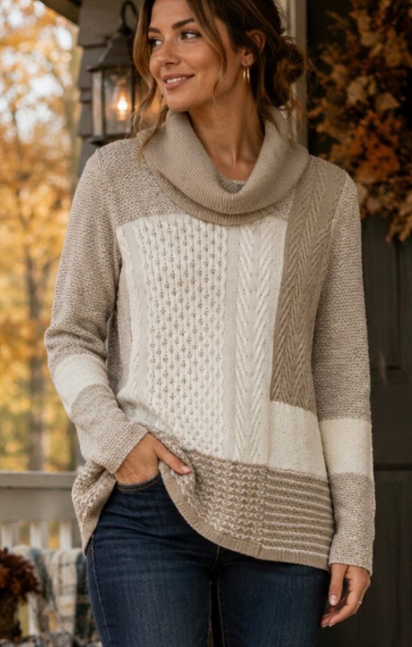 Calvin Klein Colorblock Cable Knit Cowl Neck Sweater Neutral Cabincore fall S